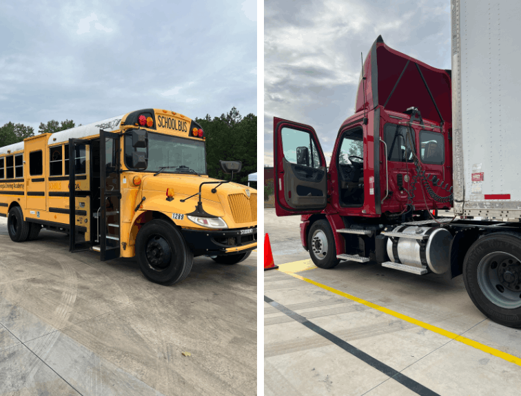 Split image of a school bus and a GDA semi truck cab with door open