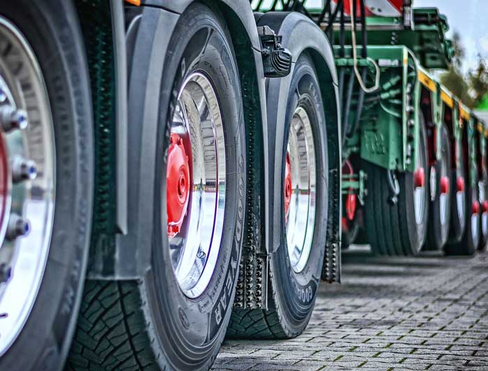 Wheels of a large commercial truck.