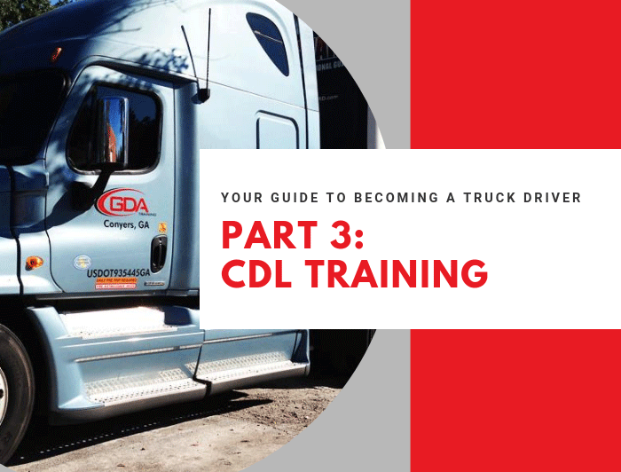 Image of GDA tractor with gray and red background and text "Part 3: CDL Training"