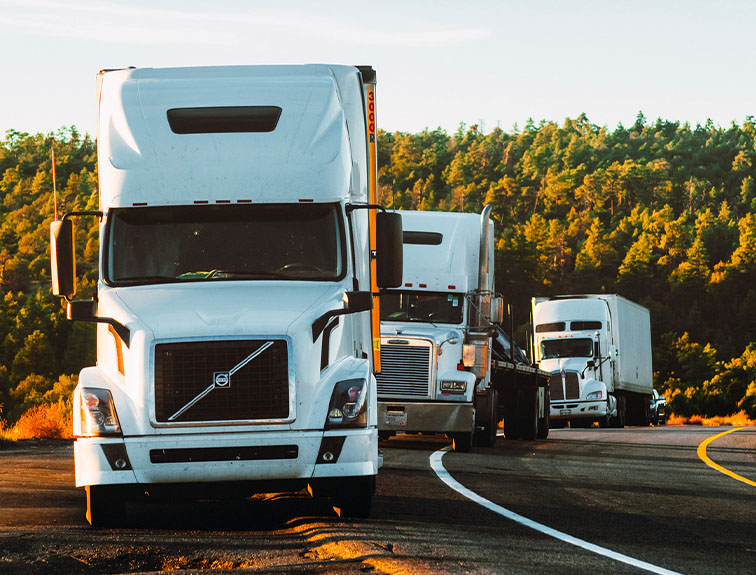 3 white semi trucks parked on side of road